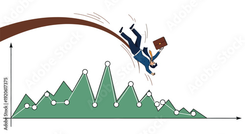 businessman falling off downward graph trend line illustration