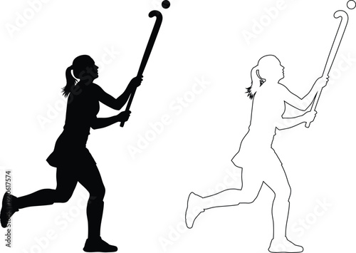 Two athletes demonstrating field hockey techniques in action poses