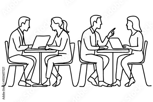 business people in office,
Remote Work Concept Two Men and One Woman in Cafe Illustration