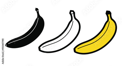 Three bananas depicted in varying stages of ripeness and color