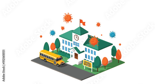 School building with a closed sign and virus particles
