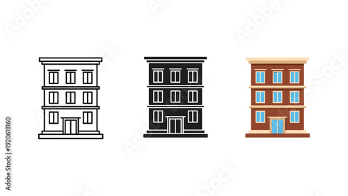 Modern apartment building facades set with windows and balconies in minimalist architectural design vector illustration