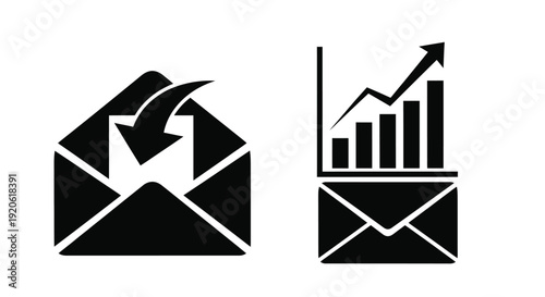 Email correspondence and data analysis represented with simple black icons