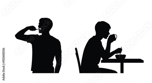 Silhouettes of two men eating one standing and one seated
