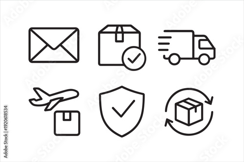 A set of simple black line icons representing logistics delivery and shipping