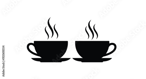 Two black coffee cups with rising steam a simple graphic design
