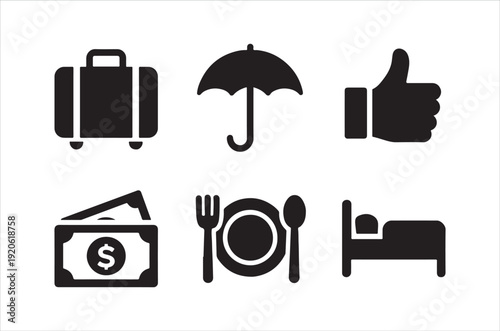 Travel essentials suitcase umbrella approval money food and lodging icons