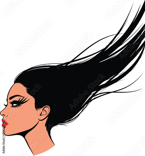 Profile of a woman with long black hair blowing in the wind and dramatic makeup on a white background