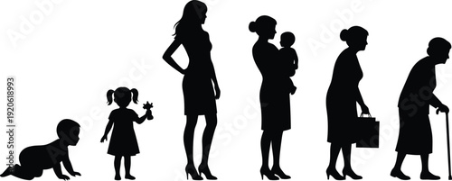 Silhouettes of Human Life Stages from Baby to Elderly Woman on White
