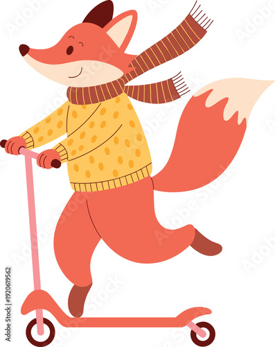 Cute cartoon fox character riding a kick scooter wearing a yellow sweater and striped autumn scarf for children book illustration and seasonal fall nursery decor.