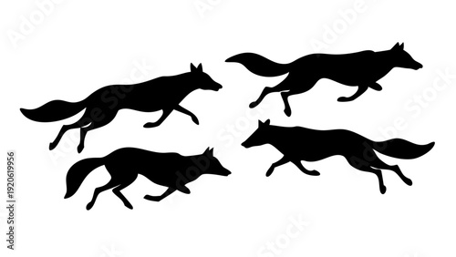 Four black silhouettes of foxes captured in dynamic running poses