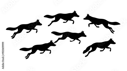 Five black silhouettes of wolves captured in dynamic mid-stride motion.