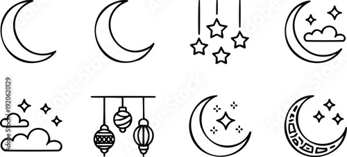 Set of crescent moons with stars, clouds, and hanging lanterns for islamic celebration vector icons