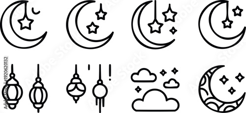 Set of line icons for ramadan and eid celebration featuring crescent moon stars lanterns and clouds for design