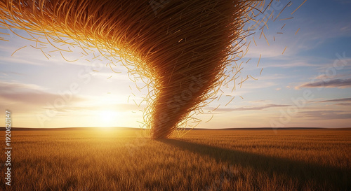 Dramatic tornado forming over golden wheat field at sunset