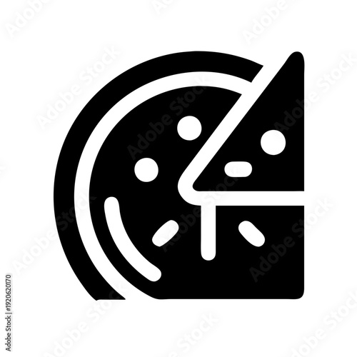 Black and white icon of a pizza slice with a clock inside it