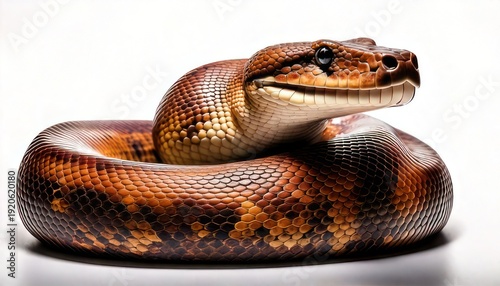Captivating Portrait of a Curled Brown Anaconda Snake on White Background.