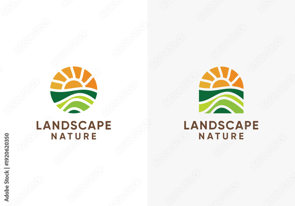 Fototapeta premium Farmland landscape logo. Farm food badge vector logo design with sun design graphic symbol, vector icon. Green farmland logo