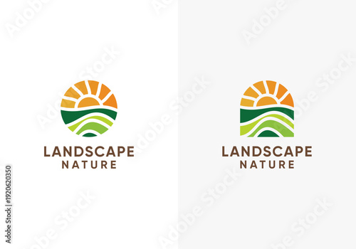 Farmland landscape logo. Farm food badge vector logo design with sun design graphic symbol, vector icon. Green farmland logo