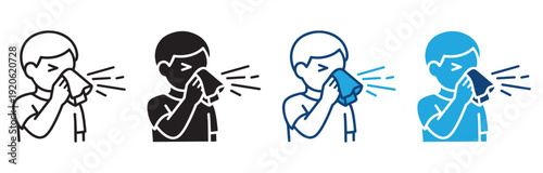 Person sneezing icon set. Person sneezing with droplets, indicating a cold or allergic reaction isolated on white background. Vector illustration.