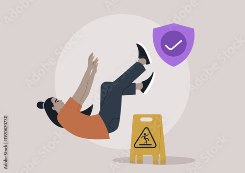 A character tumbles unexpectedly, illustrating the theme of liability insurance, A caution sign suggests potential danger, emphasizing the importance of safety