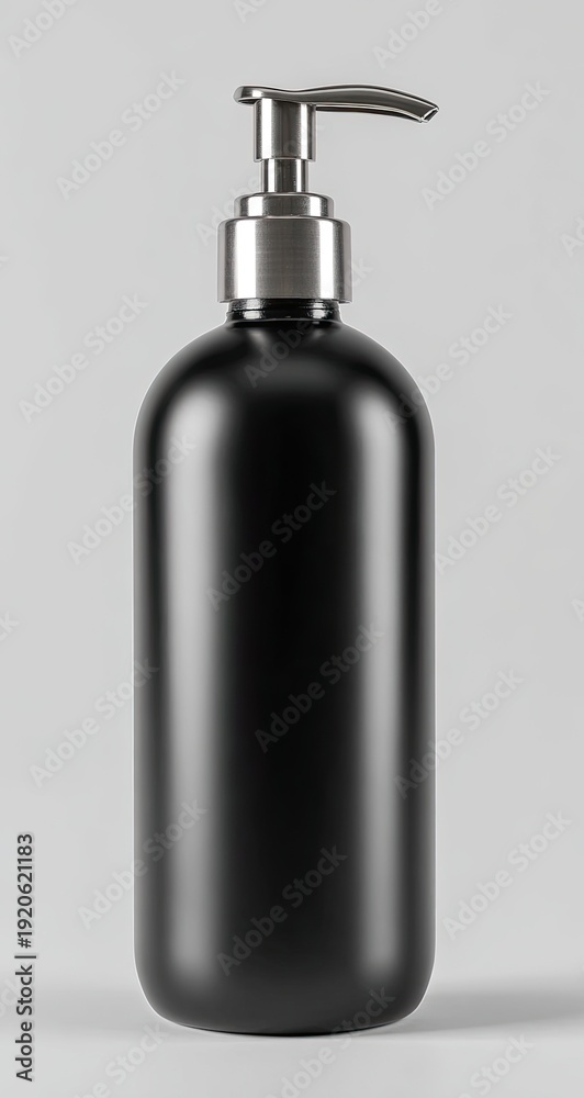 Fototapeta premium Sleek black dispenser with silver pump, centered on a light gray background, lit softly