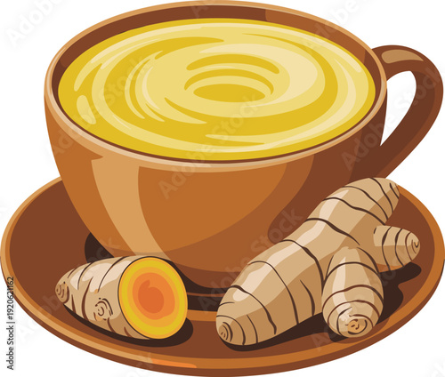 A brown cup of tea with ginger slices on a saucer and fresh ginger roots beside it