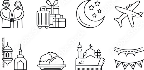 Muslim family and travel icons for eid festival including couple mosque luggage airplane and food collection