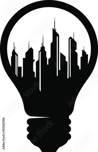 Light bulb silhouette with a modern city skyline contained within its filament area