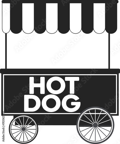 Black and white hot dog cart with large wheels and striped awning
