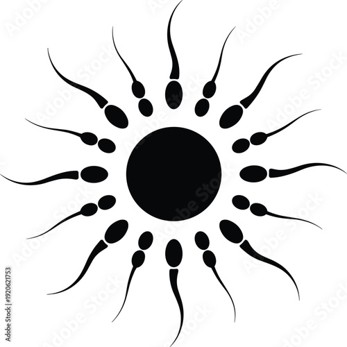 Black and white of sperm cells surrounding a central circle medical