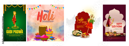 Happy Gudi Padwa and Holi festival wishes with cultural symbols and vibrant colors, celebrating tradition