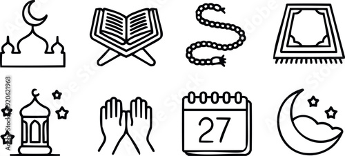 Ramadan kareem doodle line icons set. eid mubarak line icon set. holiday islam line icon