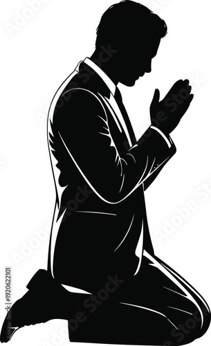 Man in suit kneeling with hands clasped in prayer black and white silhouette praying