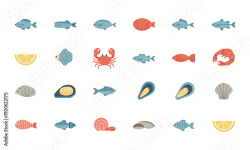 Fish and shellfish flat vector illustration collection isolated on white, easily editable.