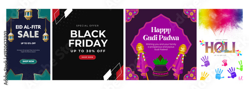 Four vertical banners featuring Eid al-Fitr sale, Black Friday discount, Gudi Padwa wishes, and Holi sale.