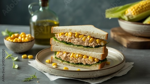 Tasty corn and tuna sandwich on white bread with lettuce on a plate with corn kernels and olive oil bottle