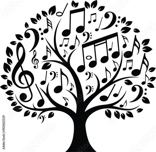 Stylized tree with musical notes and symbols forming its leaves and branches against a transparent background