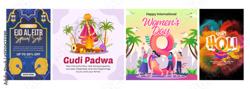 Collection of Festive Holiday Digital Graphics for Eid Al Fitr, Gudi Padwa, Women's Day, and Holi Celebrations