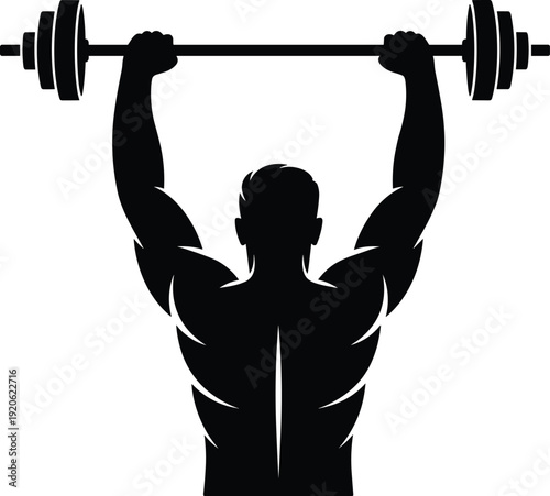 Back view silhouette of a muscular man lifting a barbell overhead with weights on both ends, showcasing strength and fitness