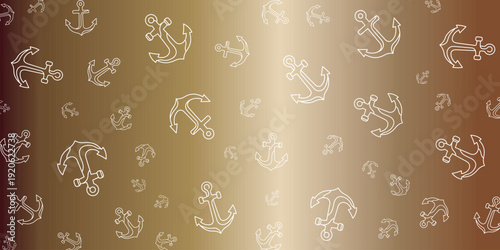 Seamless pattern of nautical anchors on a metallic gold background, representing maritime and travel themes