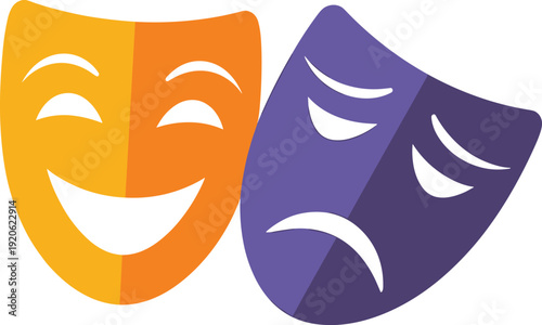 Two theatrical masks one smiling orange and one frowning purple on white background comedy mask tragedy mask