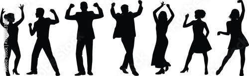 Energetic silhouettes of men and women dancing and celebrating with arms raised in a dynamic pose representing joy and party atmosphere