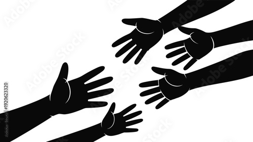 Multiple black silhouette hands reaching out and extending towards each other in a gesture of connection and support