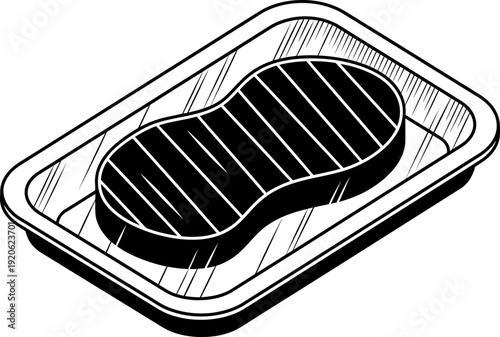 Steak in plastic tray. Food and shopping store concept. Butcher shop product. Black and white outline contour drawing. Vector illustration, icon