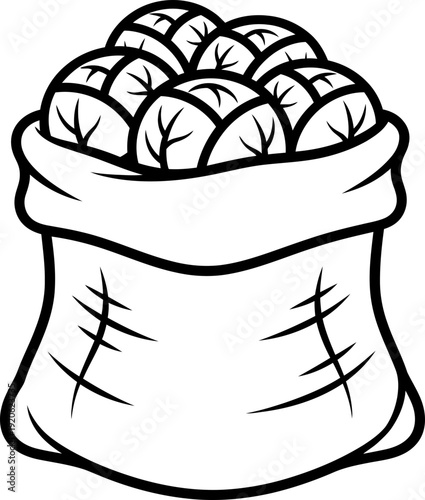 Sack full of fresh cabbage harvest. Farming, agriculture, garden concept. Vector illustration for icon, symbol, coloring book