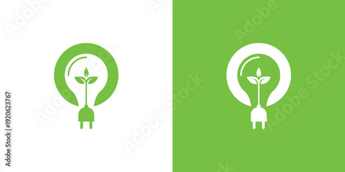 Green energy light bulb logo with plant inside eco concept.