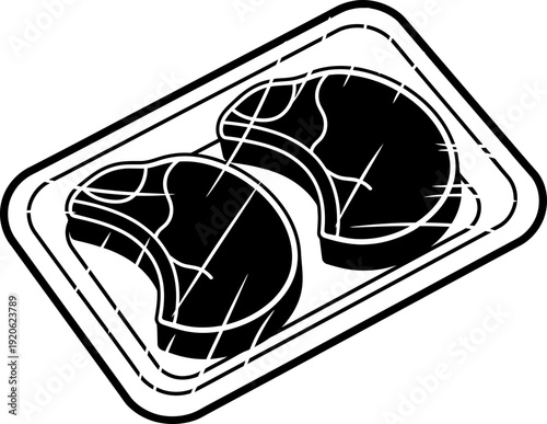 Two meat steaks in a vacuum plastic tray, depicting fresh raw food packaging for retail. Black and white outline vector illustration for store, butcher shop, or grocery