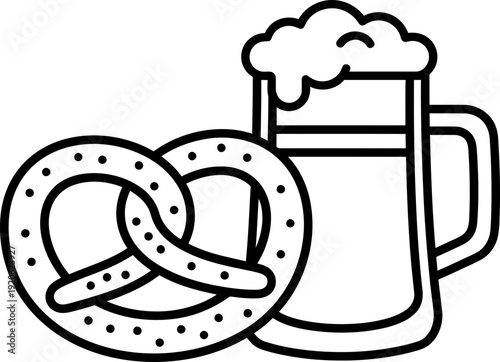 Beer mug with froth and pretzel. Oktoberfest celebration, German food and beverage concept. Outline flat vector illustration for icon