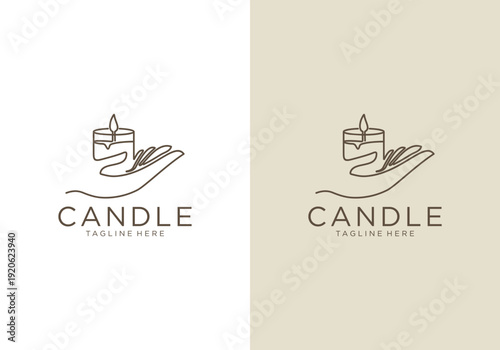 Minimalist Candle Logo Design Hand Holding Flame Symbol.